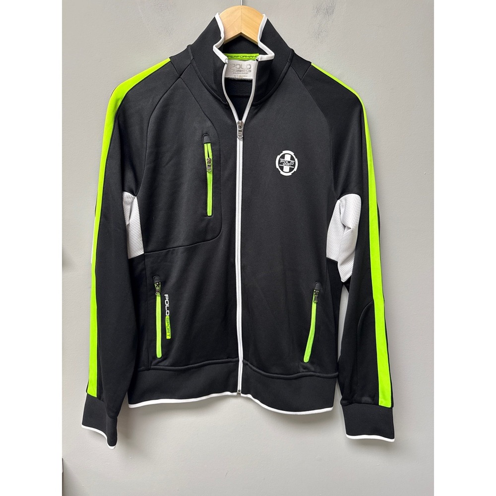 Polo Sport Track Jacket Mens Small Black Neon Green Performance Full Zip Jacket